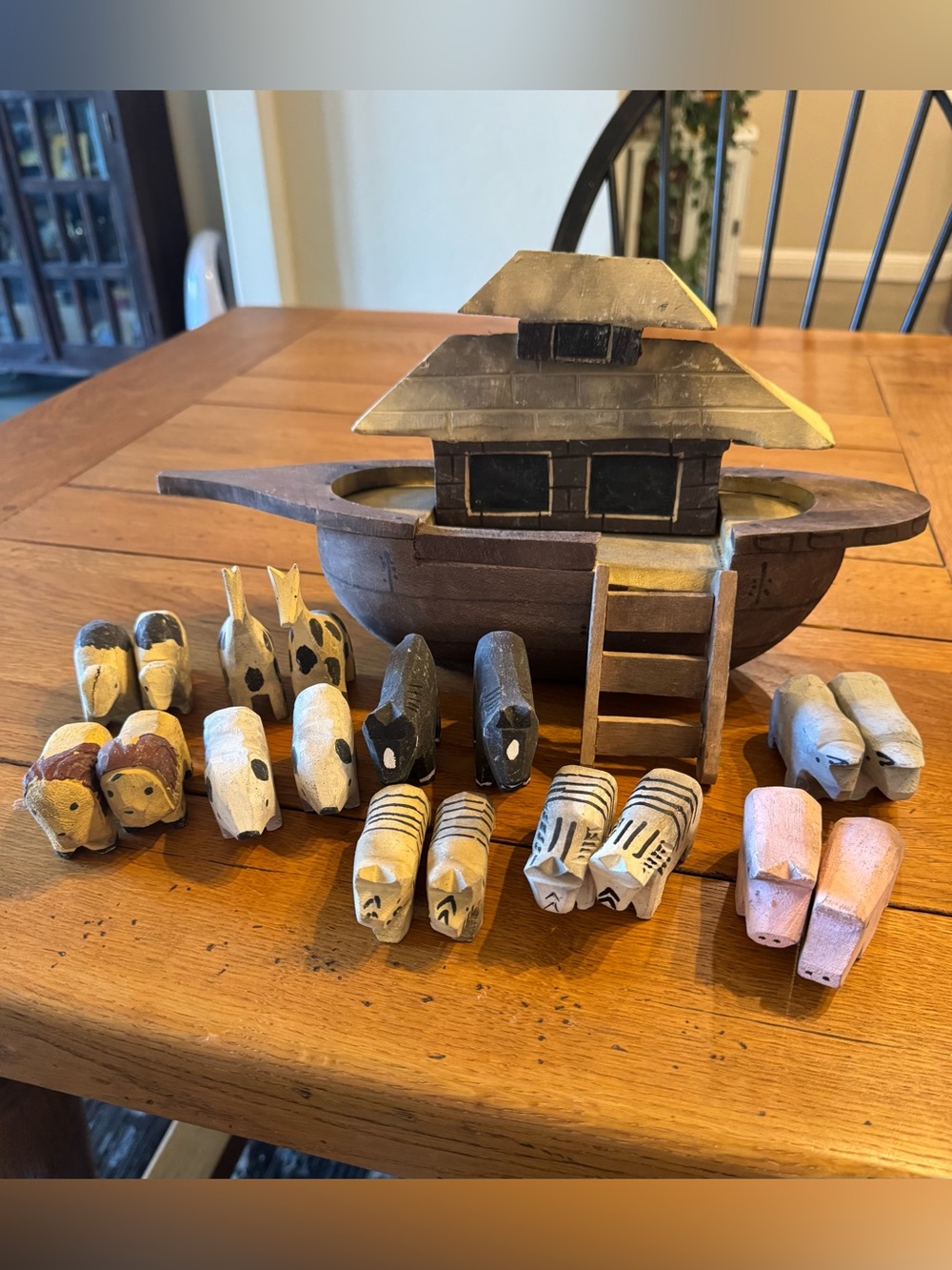 Hand Carved Noah's Ark Wooden Toy Animals Figurines Set